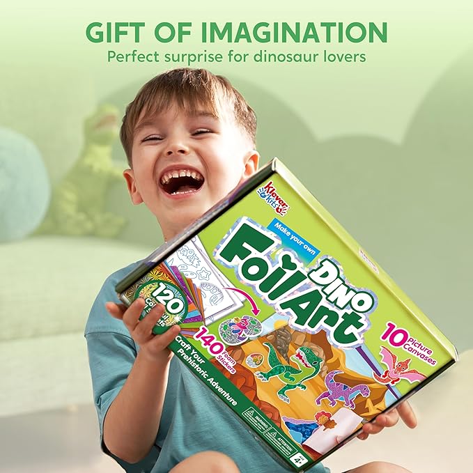 Klever Kits Foil Art Kit for Kids - Arts & Crafts Supplies, Mess Free Coloring, Dinosaur Foil Foam Stickers, Creative Travel Toys, Birthday Gifts for Boys & Girls Ages 4 and Up