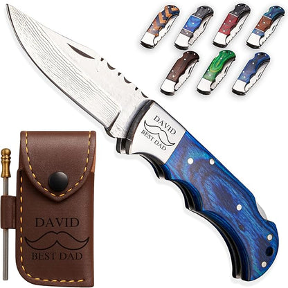 Personalized Folding Knife - Damascus Blue Pocket Knife, Engraved Gift for Dad, Son, Husband, Boyfriend, Groomsmen, Perfect Birthday, Father’s Day, Anniversary Present, Christmas Gift