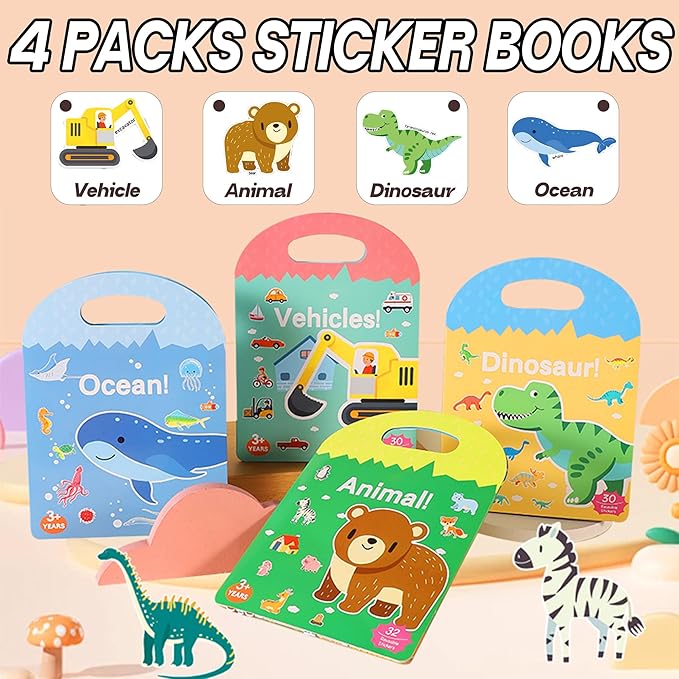 4 Sets Sticker Books for Toddlers 3+ Years, 122 Pcs Puffy Stickers for Kids, 3D Sticker Books for Toddlers, Toddler Airplane Travel Essentials for Kids