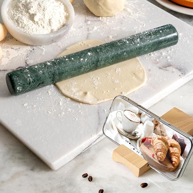 Marble French Rolling Pin for Baking, 12 Inch Non Stick Polished Rolling Pin