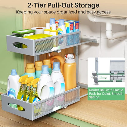1 Pack Under Sink Organizer, 2 Tier Pull out Cabinet Organizer Mesh Baskets