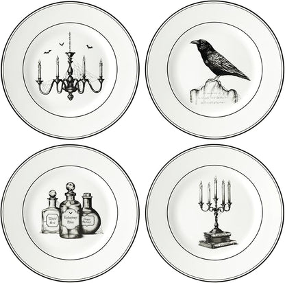 Lenox Dinnerware Set, Vintage Halloween 4-Piece Dessert Plate Set, Assorted, Set of 4 Ivory Porcelain Plates, Dishwasher Safe, Halloween Decor Indoor, Party Table Decorations (Black/White, 4 Piece)