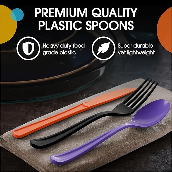 Party Solids Halloween Plastic Silverware Heavy Duty 150 Pieces Halloween Plastic Cutlery Sets, Utensil Sets, 50 Of Each Forks, Knives & Spoons Disposable Cutlery Set, Flatware Set For Party Supplies