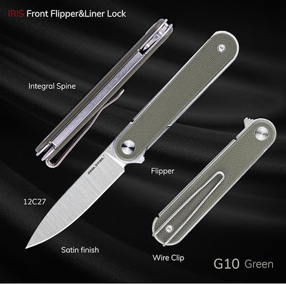 REALSTEEL IRIS Pocket Knife, Folding Knife, Flipper, Liner Lock, 2.99" 12C27 Steel Blade, Lightweight G10 Handle, 1.74oz, Deep-carry Pocket Clip, EDC Outdoor Indoor, Gifts for Men Women Camping Hiking Climbing Fishing (OD Green G10)
