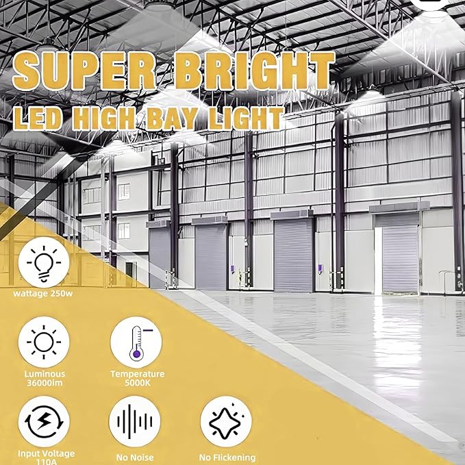 2Pack UFO LED High Bay Light 250w, 5 ft cable