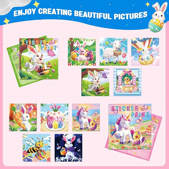 CutteeyFyry Paint by Number Sticker Book for Girls Kids - Road Trip & Airplane Activities Toys, Easter Basket Stuffers, Bunny Egg Unicorn, Birthday Gifts, Travel Essentials for Toddlers & Car Rides
