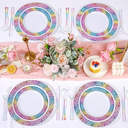Supernal 120 PCS Clear Plastic Silverware Heavy Duty - Disposable Utensils Rainbow Colorful Silverware Set Include 40 Forks, 40 Knives and 40 Spoons for Trolls/Birthday Party, Baby Shower Decorations