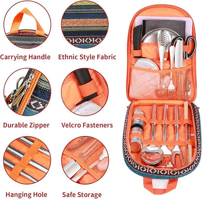Portable Camping Kitchen Utensil Set-27 Piece Cookware Kit, Stainless Steel Outdoor Cooking and Grilling Utensil Organizer Travel Set Perfect for Travel, Picnics, RVs, Camping, BBQs, Parties and More