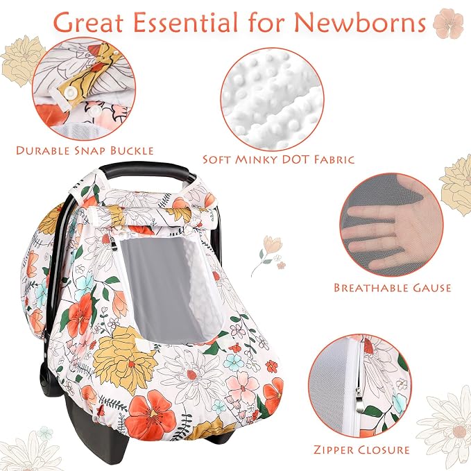 Baby Carseat Cover Girls, Pea Pod Infant Car Seat Covers Canopy for Newborn with 2 Layers Windows of Breathable Mesh/Fabric, Lightweight Polyester/Minky Dot Backing, Snug Fit Most Baby Car Seat