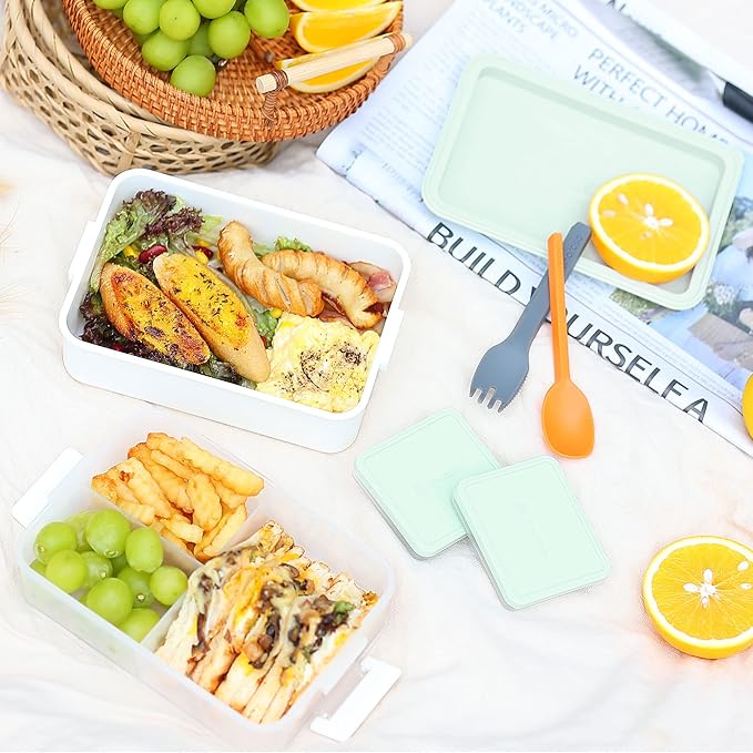 linoroso Stackable Bento Box Adult Lunch Box | Meet All You On-the-Go Needs for Food, Salad and Snack Box, Premium Bento Lunch Box for Adults Include Utensil Set, Dressing Containers - Chalk White