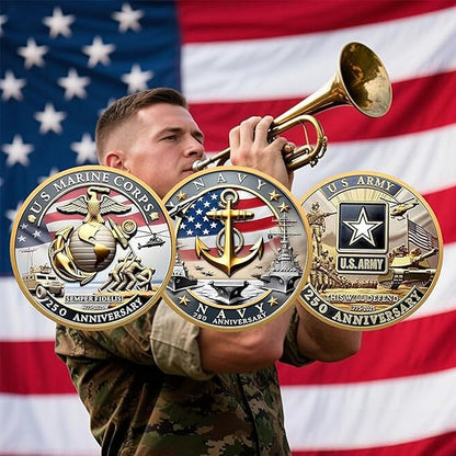 Army 250th Anniversary Coin – Navy 250th Anniversary Coin – Army Challenge Coin – USMC 250th Commemorative Double-Sided Marine Corps Challenge Coin with Metal Gift Box – 1.57" Display