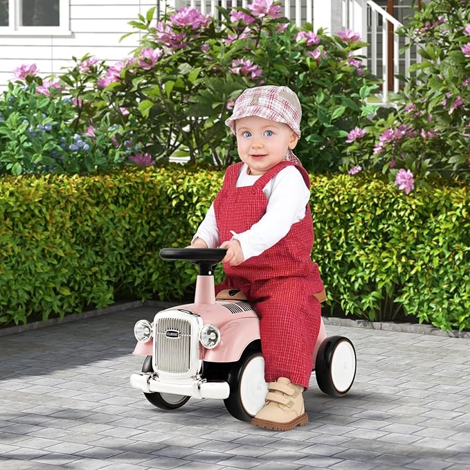 HONEY JOY Ride On Push Car, Outdoor Toddler Riding Toys w/Steering Wheel, Horn & Storage, Foot-to-Floor Sliding Car, No Batteries, Retro Baby Ride On Toys for Boys and Girls (Pink)