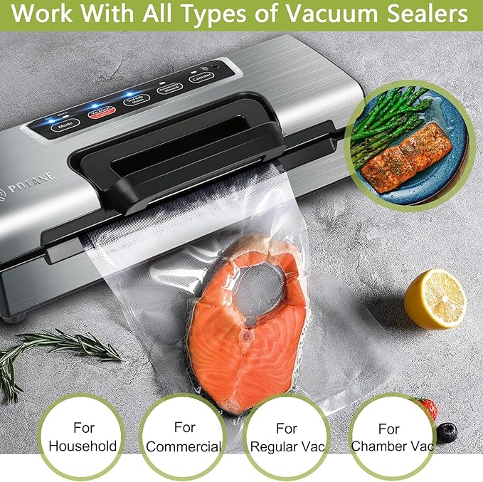8 Pack 8"x20'(8Rolls) Thickened Vacuum Sealer Bags For Food, Textures on Both Sides, Smell-Proof, Heavy Duty for POTANE, Food Saver, Weston, Sous Vide