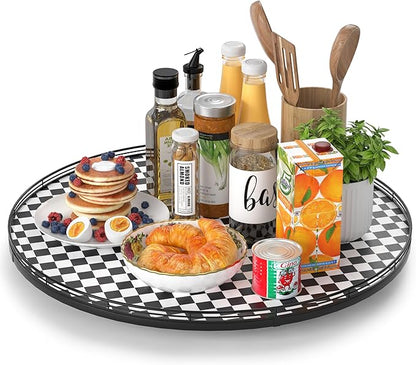 24" Black and White Kitchen Lazy Susan Turntable, Round Checkered Decorative
