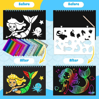 homicozy Art & Craft Activity for Kids - Foil Fun Mermaids & Scratch Art Book 2-in-1, No Mess Art Crafts for Girls,DIY Creative Activity Kit,Gifts for Girls Ages 4, 5, 6, 7, 8, 9, Travel Toys