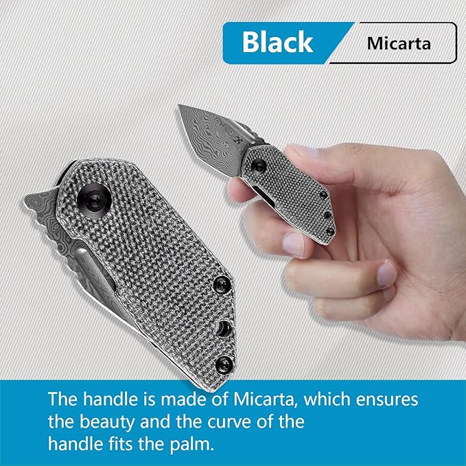 KANSEPT RIO Mini Pocket Folding Knives EDC Camping Folding Knife 1.56'' Damascus Blade Pocket EDC Knife with Black Micarta Handle Everyday Carry K3044D1