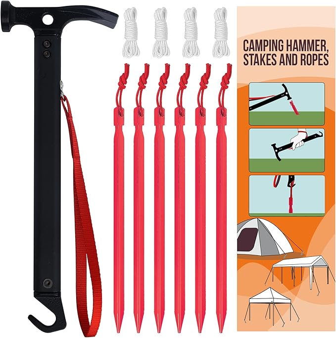 Eurmax USA Hiking Camping Tent Stakes and Hammer Set Lightweight Multi-Function Tent Hammer with Tent Stake Remover,Tent Pegs for Camping, Hiking, Backpacking, Gardening(Red Stakes)