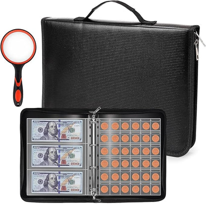 Coin Collection Book Holder for Collectors, 300 Pockets Fireproof Coins Collecting Album & 36 Sleeves Money Storage Case for Coin Currency Collection Supplies, Bill, Pennies, Quarters, Stamp