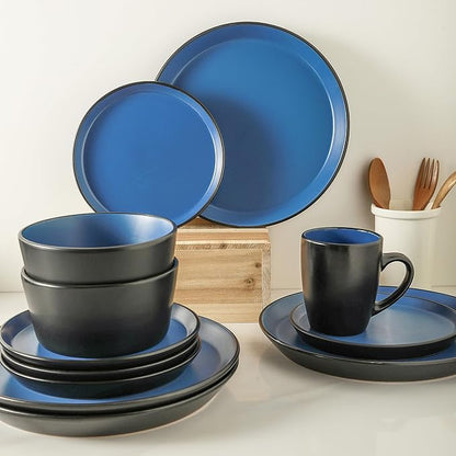 Stone Lain Albie Stoneware 32-Piece Modern Dinnerware Set, Kitchen Plates and Bowls Sets, Dish Set for 8, Blue and Black