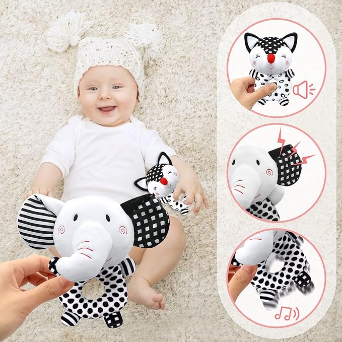 Baby Rattles 0-6 Months Newborn Toys Baby Toys 0-6 Months Rattles for Babies 0-6 Months Infant Toys 0-3 Months, Black & White High Contrast Baby Toys Plush Stuffed Toys for 0 3 6 9 12 Months Girl Boy