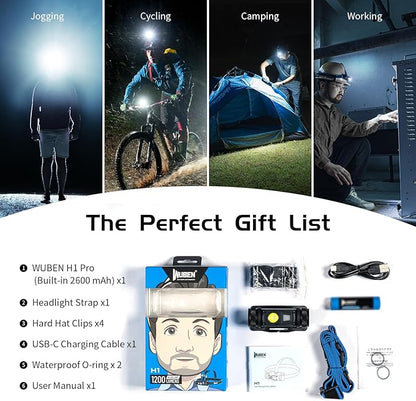 WUBEN H1 Pro Rechargeable Headlamp, 1200 High Lumen Ultra Bright LED Head Lamp, 11 Modes 180°Adjustable IP68 Headlight with Red Light for Outdoors Camping Hunting Hiking Running Fishing Gear