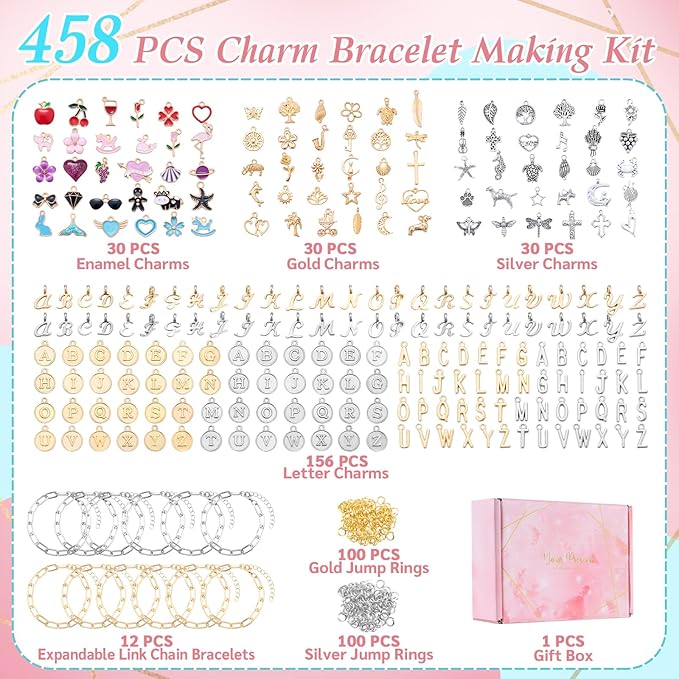 PYURTHITY 458 Pcs Gold Silver Charm Bracelet Making Kit DIY Jewelry Making Kit with Enamel Letter Charms Link Chain Bracelet Pendants and Jump Rings for Christmas Women Adults Art Craft Gift