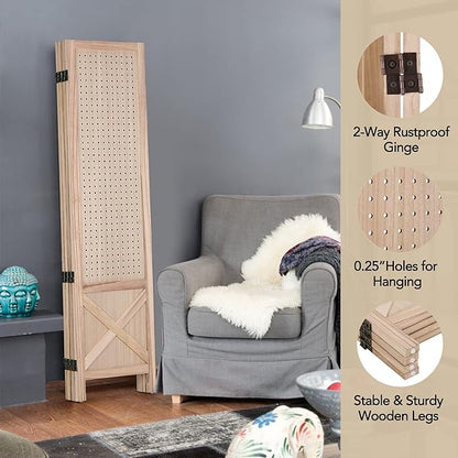 Wnutrees 4 Panel Pegboard Display, 5 Ft Wood Folding Privacy Screens Room