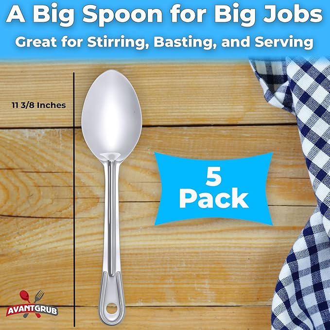 Super Strong, Ergonomic 11 in Serving Spoon 5 Pk. Big, Solid Stainless Steel Spoons for Cooking, Baking and Basting. Best Kitchen Flatware for Buffet and Banquet Service in Restaurants and Homes