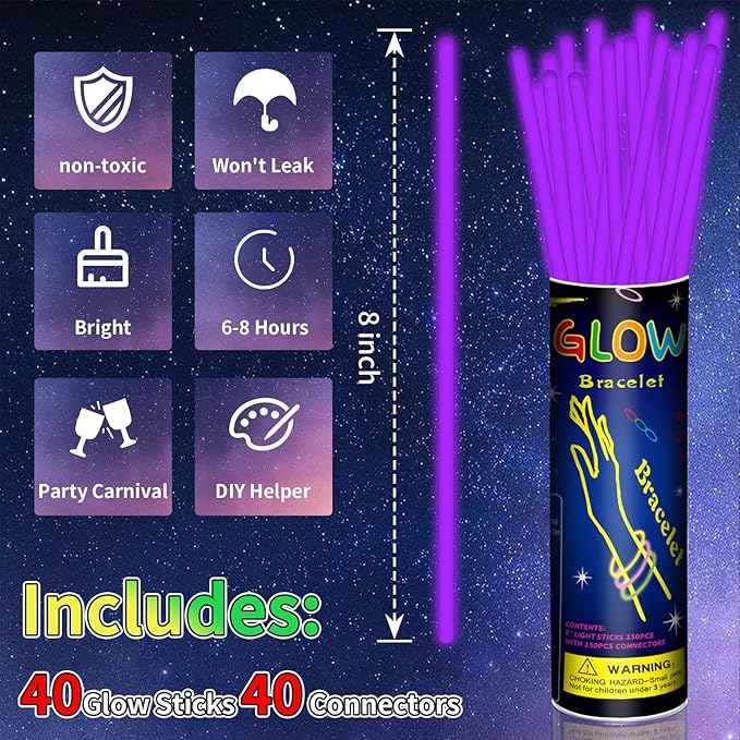 40 Pack 8” Purple Glow Sticks Bulk with 40 Connectors Neon Glow In Sticks Necklaces The Dark Party Favors Supplies for Holiday Birthday Party Decoration (Purple)