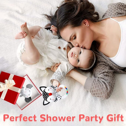 Baby Rattles & Toys - 0-3 Months, High Contrast Black & White Plush Stuffed Toys for Infants