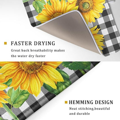 Sunflower Dish Drying Mat for Kitchen Counter Black White Buffalo Plaid