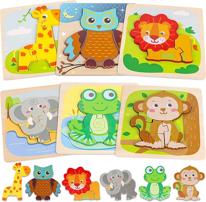 LovesTown Montessori Wooden Puzzles for Toddlers Kids Educational Animal Jigsaw Toys Preschool Learning Colors Shapes Cognition 6 Pack