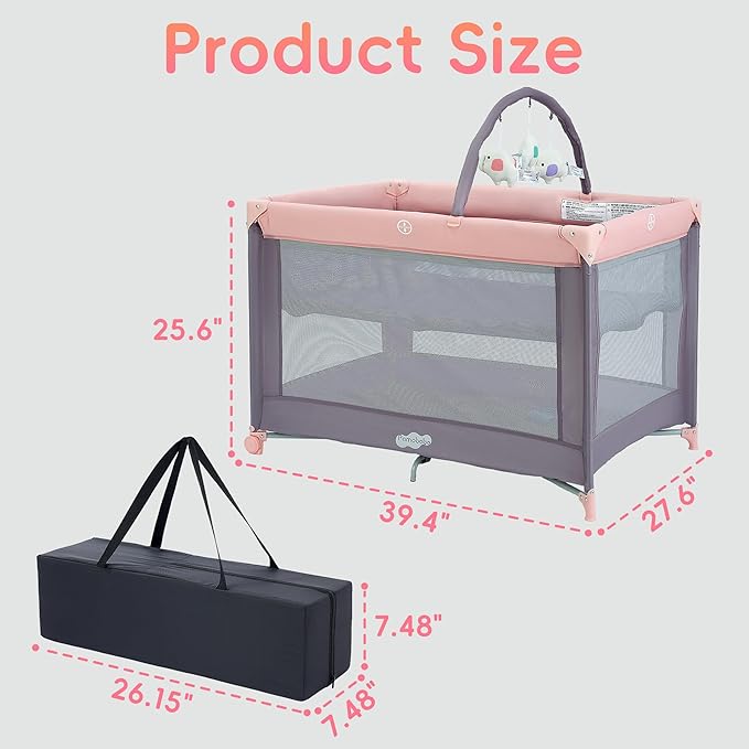 Pamo Babe Portable Playard with Mat Pad and Toy Bar Pink Play Yard for Baby