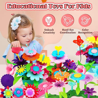FUNZBO Flower Garden Building Toys Set - Birthday Gifts for Age 2 3 4 5 6 Years Old Girl, STEM Montessori Educational Toy for Toddler Kid, Sorting & Stacking Spring Gardening Set for Birathday Gift