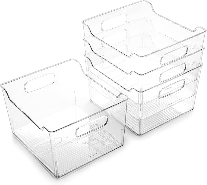 BINO | Plastic Storage Bins - 4 Pack | THE LODGE COLLECTION | Clear Storage | Containers for Organizing with Handles | Pantry Kitchen Organization | Fridge Organizer | Bathroom | Shelves Cabinet
