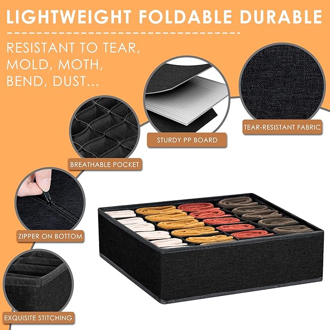 Criusia 3 Pack Sock Underwear Organizer Dividers, 64 Cell Fabric Foldable