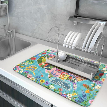 Flower Map Dish Drying Mat Colorful Floral Microfiber Large Dish Drying Pad