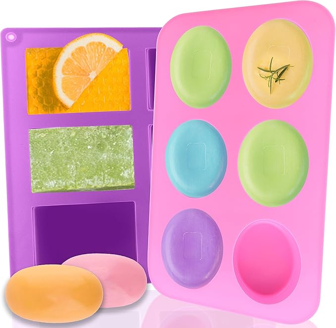 Silicone Soap Molds, Oval & Rectangle Soap Bar Mold, 6 Cavities DIY Mould for Homemade Craft Soap, Pudding, Muffin, Chocolate, Brownie, Cornbread, Cheesecake, Cake & Ice Cube - Just Pop Out