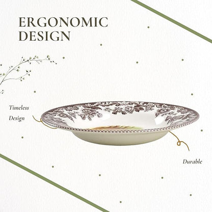 Spode Woodland Pheasant 9" Soup Plate - Rustic Fine Earthenware Bowl with Game Bird Design for Soup, Pasta or Salad - Dishwasher, Microwave, Oven & Freezer Safe - Mix & Match with Woodland or Delamere