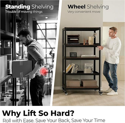 HOMEDANT House 5-Tier Metal Rolling Cart Shelf Rack Casters Heavy Duty Wheel Shelving Unit Adjustable Utility Storage Shelves Organizer Shelf Kitchen Garage 24.4" W x 16.5" D x 62.2" H 10Pack
