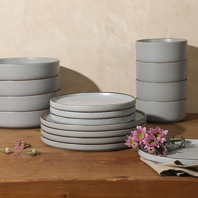 Gibson Elite Gelston Stoneware Matte Reactive Glaze 16 Piece (Service for 4) Plates and Bowl Dinnerware Set - Grey