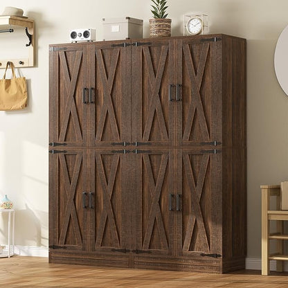 Unikito Kitchen Pantry Cabinet with Farmhouse Barn Doors and Storage Drawer, 8 Adjustable Shelves, Freestanding Tall 71" Cupboard for Dining Room, Living Room, Utility Room, Weathered Brown 2 Pack