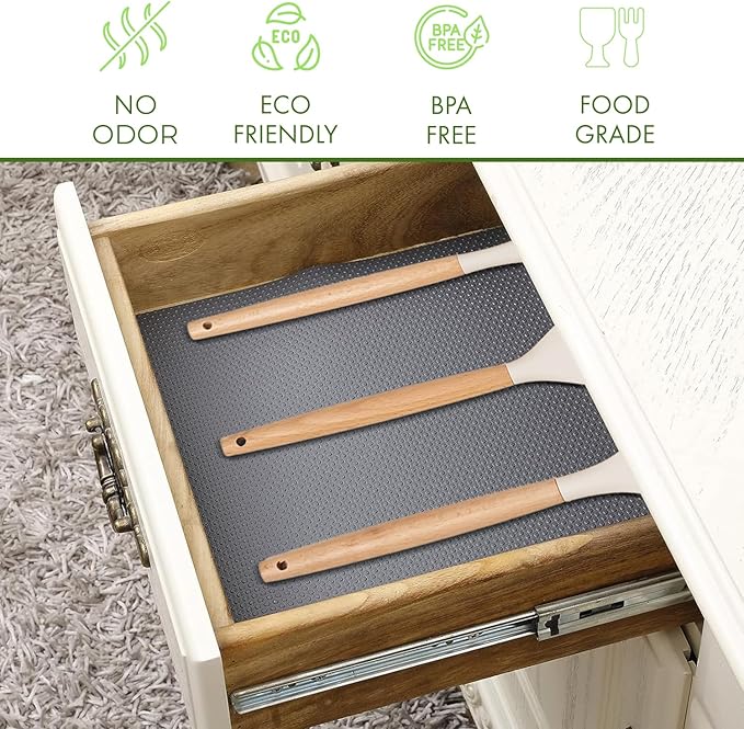 EVALAND 12" x 33 FT Non-Slip Shelf Liner, Non-Adhesive, BPA-Free, Waterproof Pantry Liner for Shelves, Easy to Cut, Oil-Proof Shelf Liners for Kitchen, Cabinets, Drawers, Refrigerator, Gray