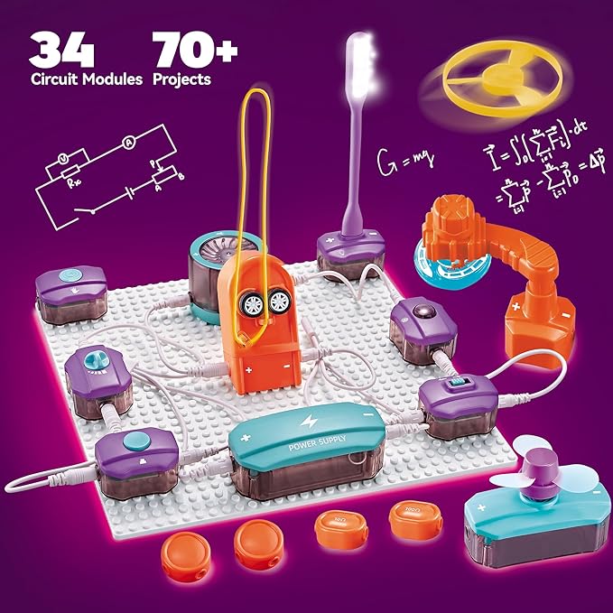 Circuit Board for Kids, SMILESSKIDDO 34 PCS DIY Electronics Exploration Kit with 70+ Projects, Physics Science Experiments Kit, School Family STEM Kits Educational Toy Gift for Kids 6+
