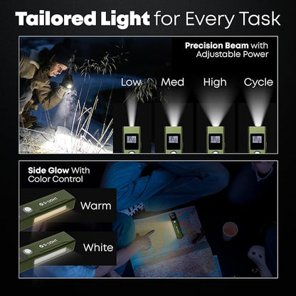 S Light Tactical Flashlights High Lumens Rechargeable - 1200LM Magnetic Base, Green, P9 LED, USB-C, Green Beam Laser, Dual Color Modes Rechargeable Flashlights High Lumens