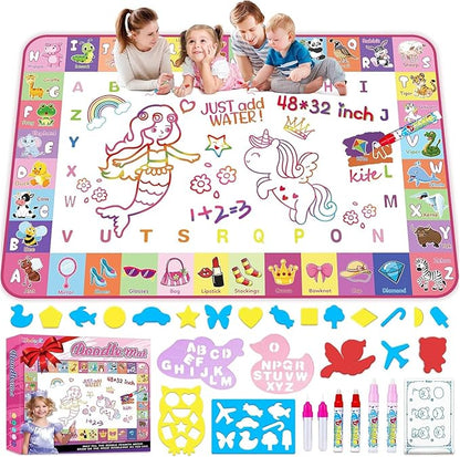 Toddlers Toys Water Doodle Mat: 48 X 32 Inch Large Mess Free Coloring & Drawing Mat - Instant Drying - Kids Educational Toys for Girls Age 3-5 Home Activities - Birthday/Christmas Gifts for Girls Boys