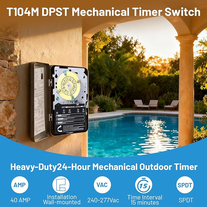 T104M Mechanical Time Switch, 208-277V AC 40A DPST, 24-Hour Dial
