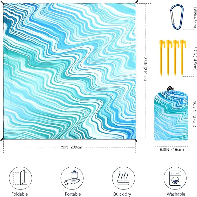 Beach Blanket Waterproof Sandproof Beach Mat 79" X 83"/10'x9'for 2-8 Adults Quick Drying Outdoor Picnic Mat Beach Accessories for Travel, Camping, Hiking