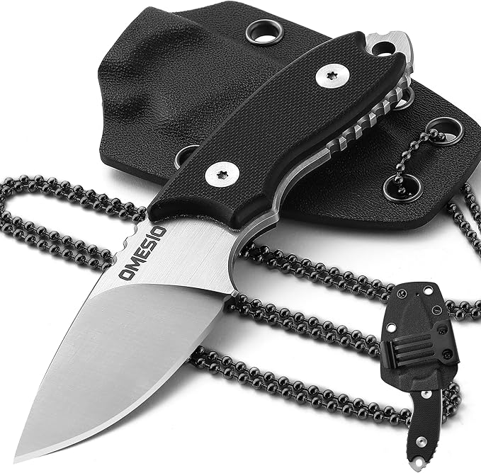 Omesio Neck Knife, 5.43" Neck Knife with Sheath and Necklace, Full Tang Small Fixed Blad Knife D2 Steel 2.17-Inch Blade G10 Handle for Outdoor, Survival, Camping, Tactical
