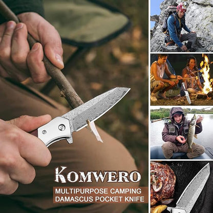 KOMWERO Damascus Pocket Knife with Clip Leather Sheath, 3.14 inch Sharp Damascus Steel Knife with Rosewood Handle, EDC Damascus Folding Knife for Men Women Camping Collection